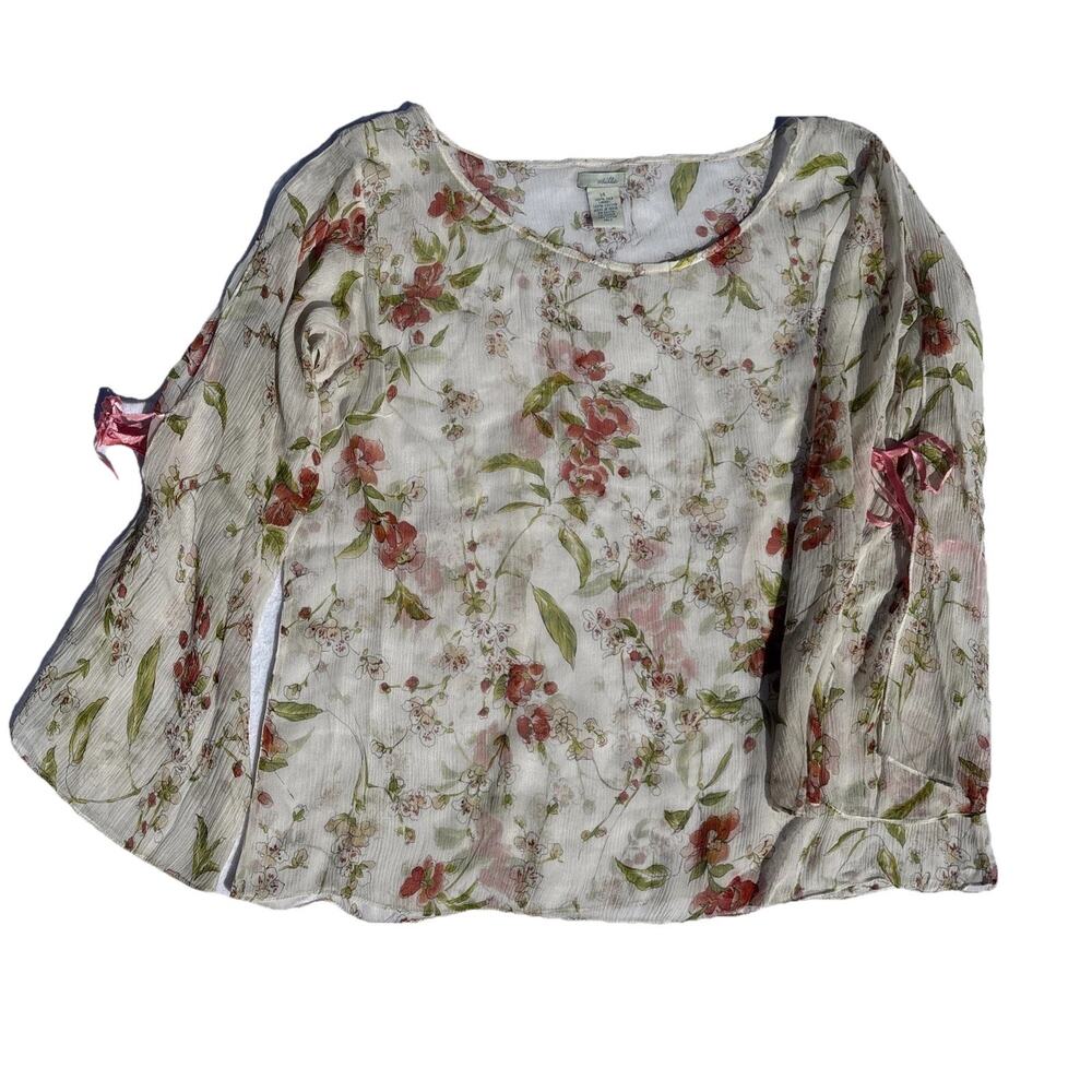 Vintage Odille Sheer Floral Silk Blouse Open Sleeve Cottagecore Boho Feminine